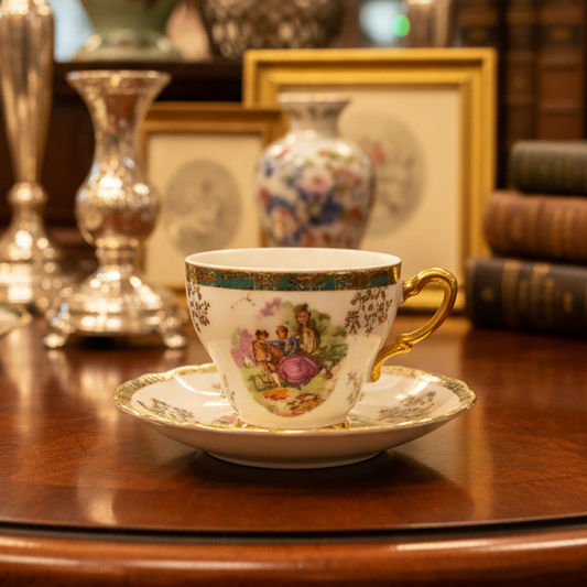 Decorative teacup and saucer on a textured surface with a blurred background