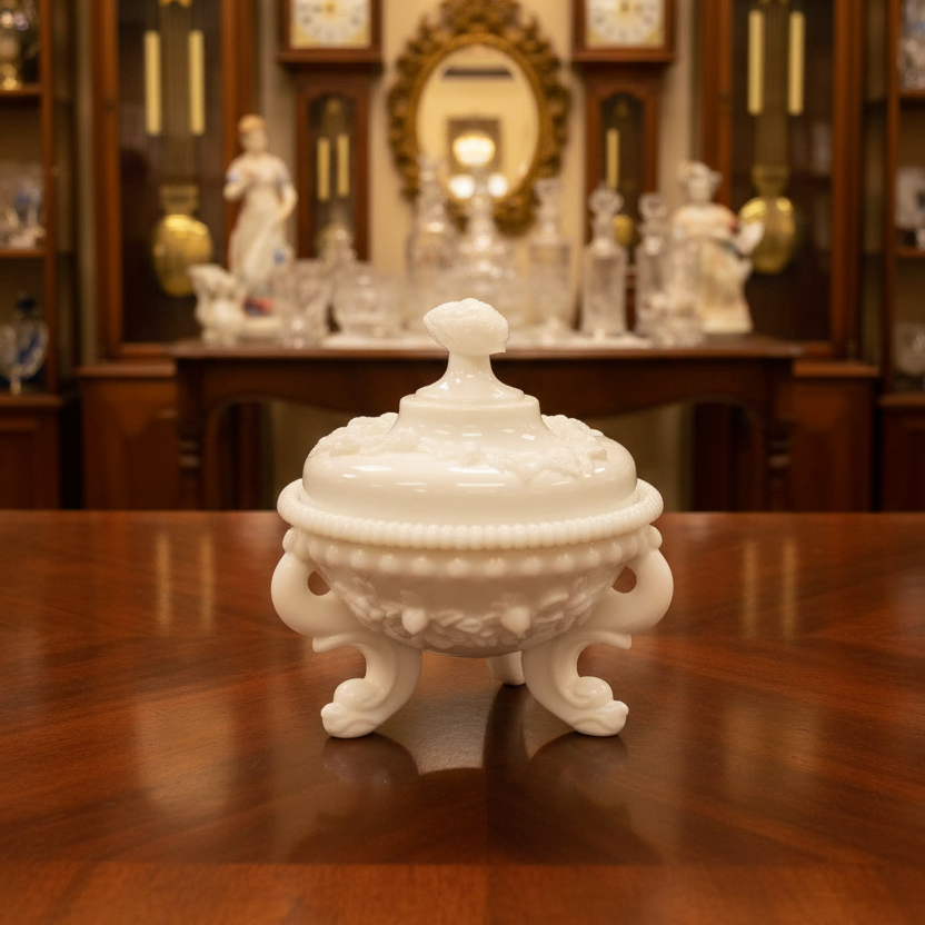 Small decorative white ceramic jar with a lid on a textured surface