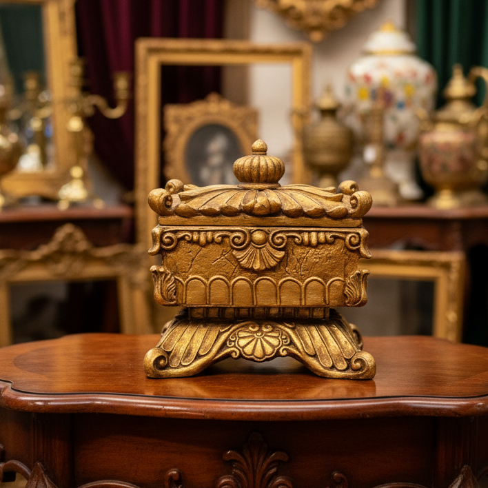 Decorative gold box on a chair with a neutral background