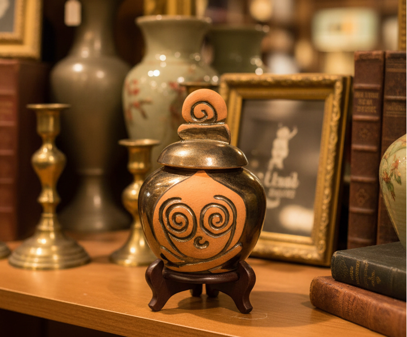 Small decorative bottle with orange and gold design on a textured surface
