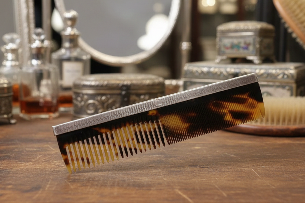 Comb with tortoiseshell pattern on a wooden surface with vintage grooming items in the background.