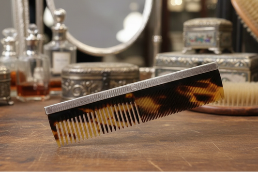 Comb with tortoiseshell pattern on a wooden surface with vintage grooming items in the background.