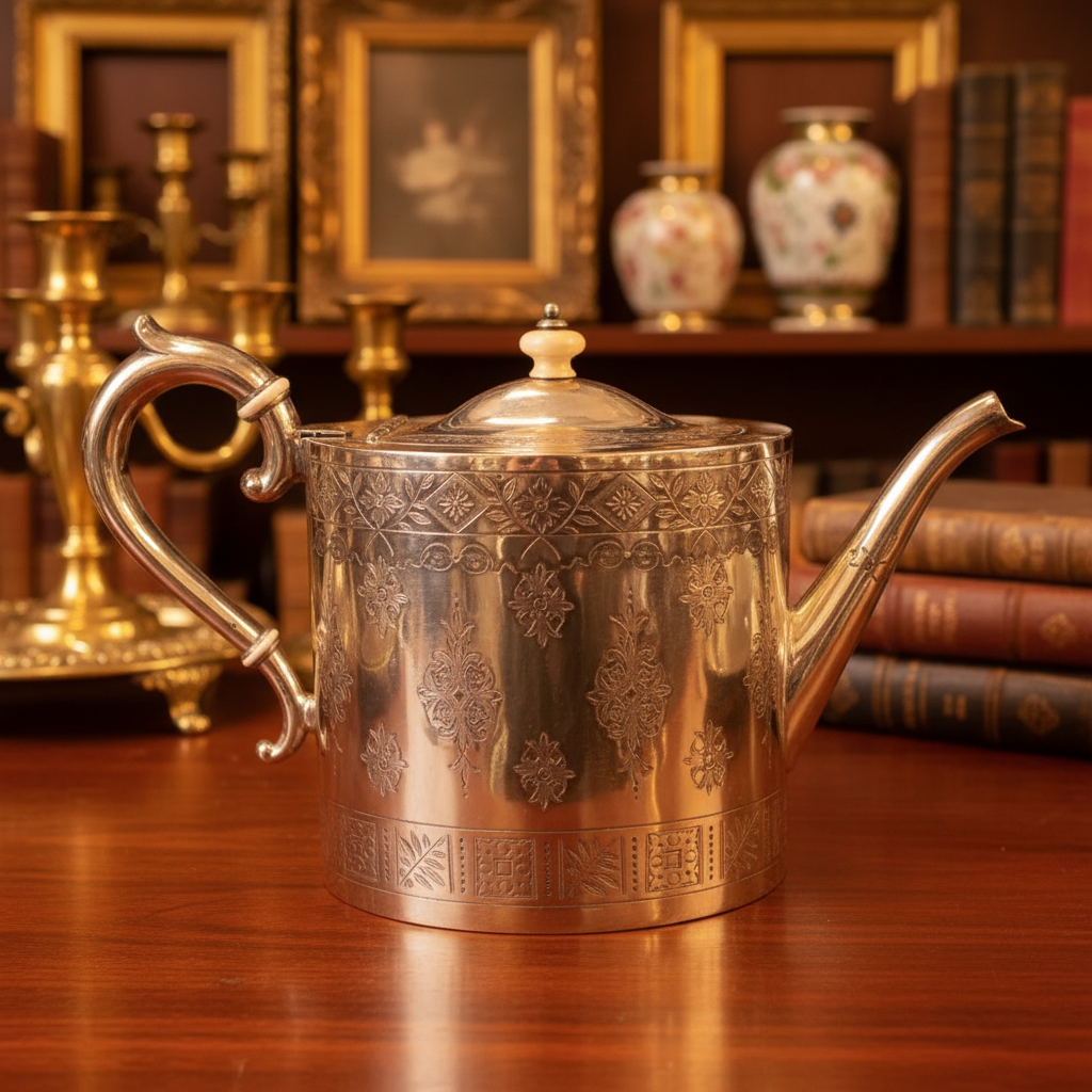 Decorative silver teapot on a wooden surface with a background of books and decorative items.