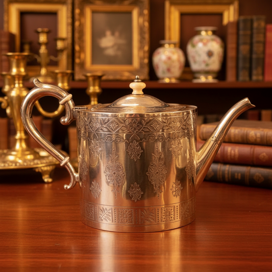 Decorative silver teapot on a wooden surface with a background of books and decorative items.