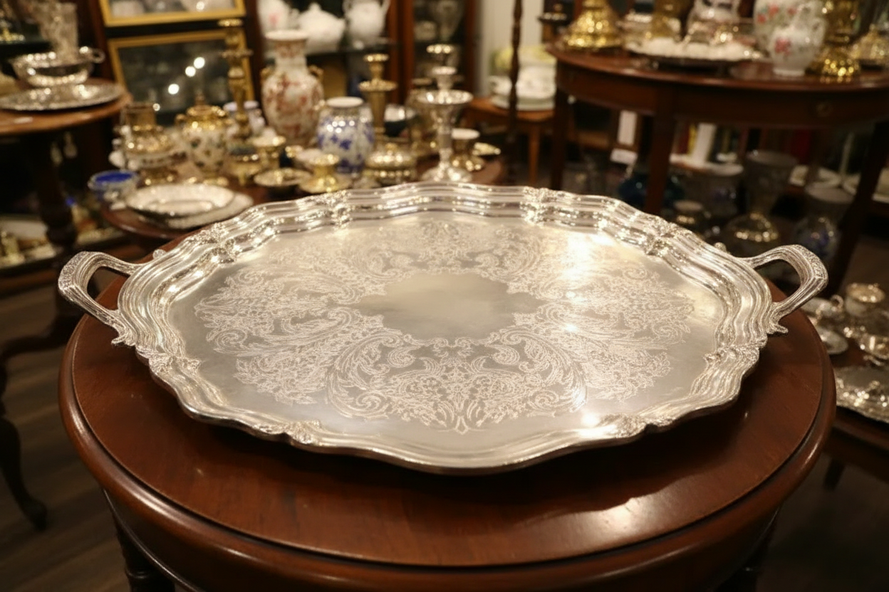 Decorative silver tray on a wooden table with a background of other decorative items.